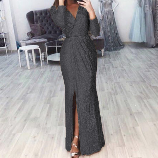 Damen Abendkleid mit Wickelfront, langem Beinschlitz und taillierter Meerjungfrauen‑Silhouette Shop Nory