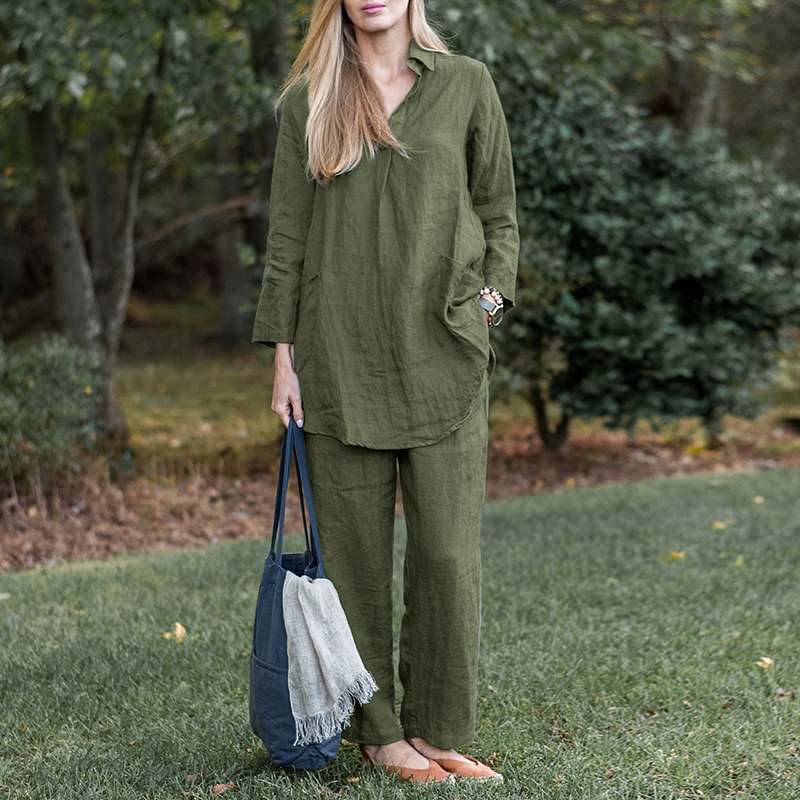 Damen Leinen-Loungewear-Set mit weitem Tunika-Hemd und lockerer Palazzo-Hose Shop Nory