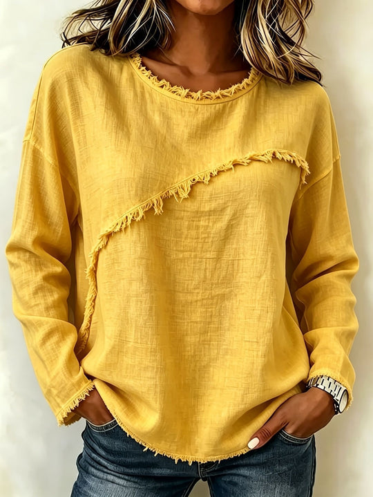 Damen Legeres Longsleeve mit diagonaler Fransenapplikation und ausgefranstem Rundhals Shop Nory
