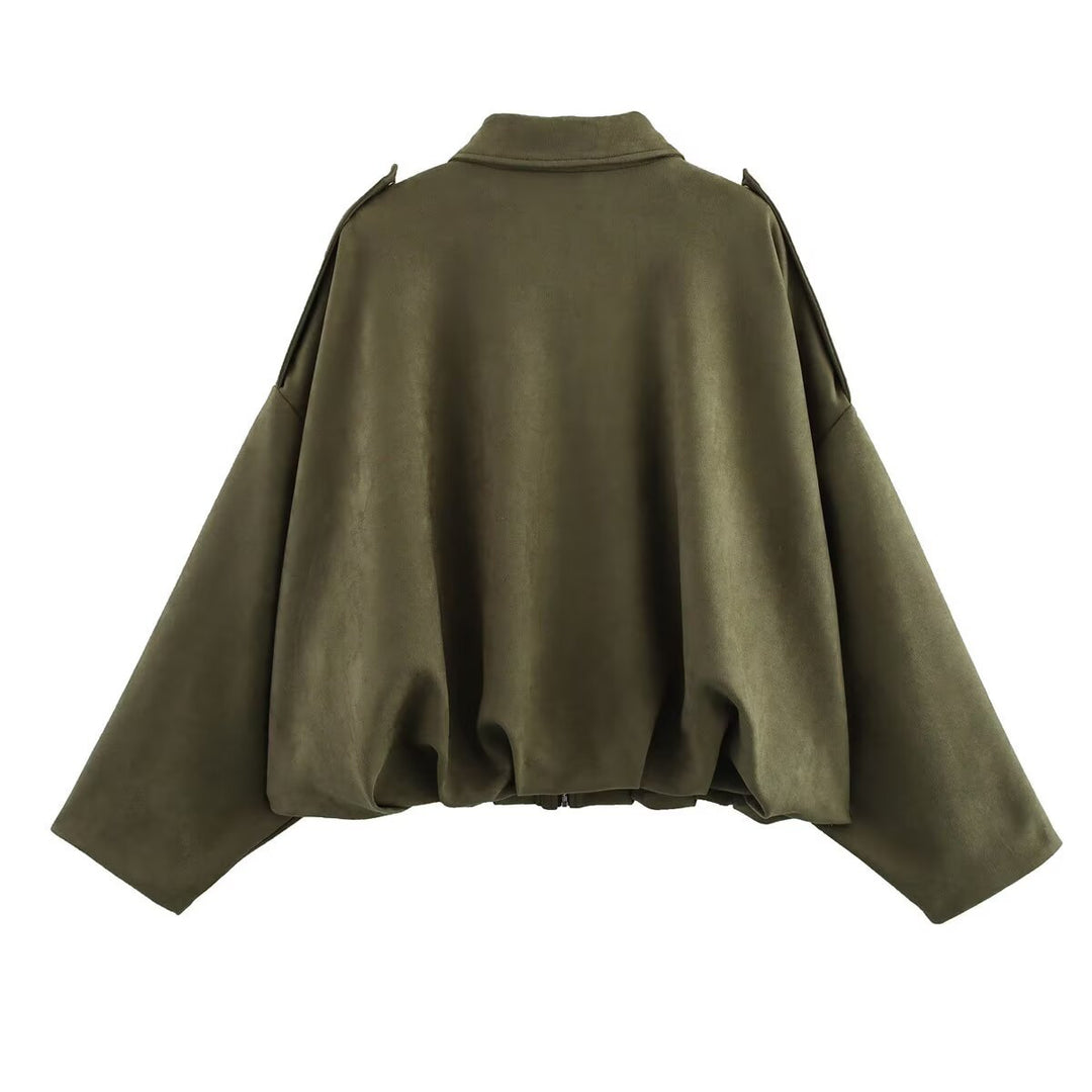 Damen Gekürzte Oversize-Blousonjacke aus Veloursoptik mit Tunnelzugsaum und Schulterpatten Shop Nory