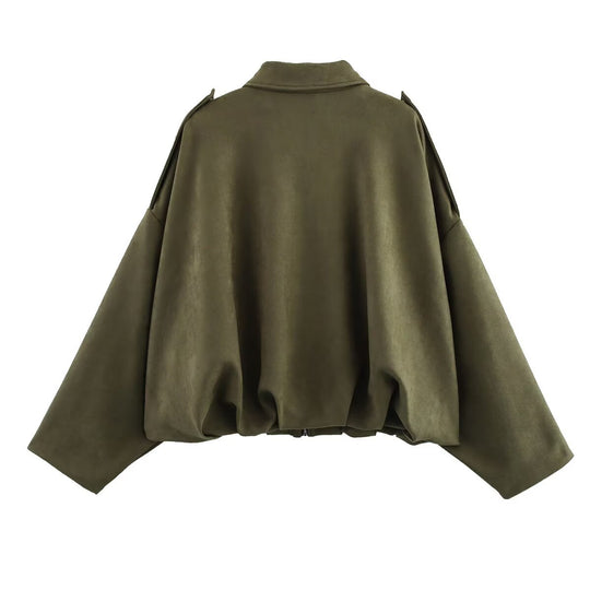 Damen Gekürzte Oversize-Blousonjacke aus Veloursoptik mit Tunnelzugsaum und Schulterpatten Shop Nory