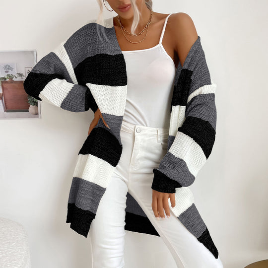 Damen Langer Oversize-Strickcardigan mit Blockstreifen und offener Front Shop Nory