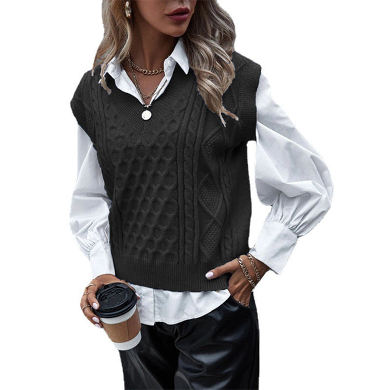 Damen Strickpullover mit Zopfmuster und V-Ausschnitt