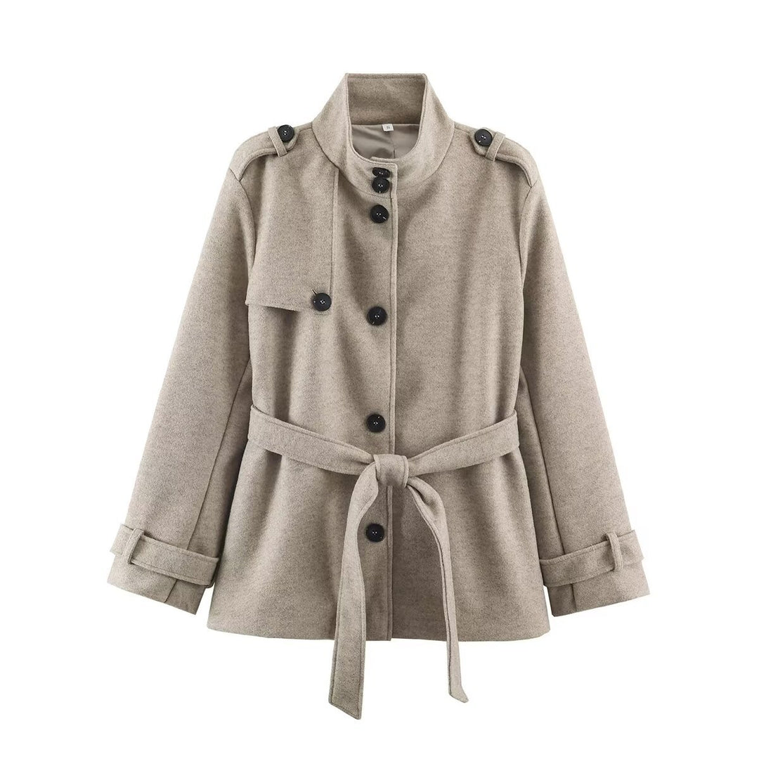 Damen Kurz‑Trenchcoat aus Wollmix mit Stehkragen, Epauletten und Bindegürtel Shop Nory