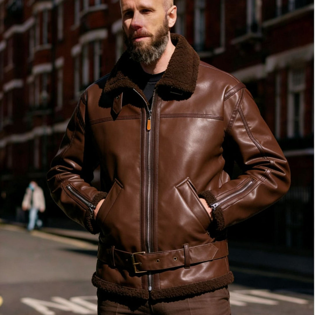 Herren Kunstleder-Fliegerjacke mit Teddyfutter, Reißverschlüssen und Stehkragen Shop Nory