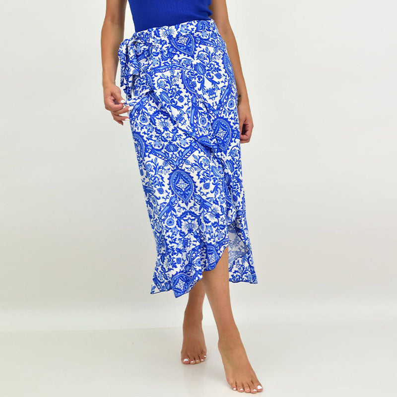 Damen Wickel-Midirock mit ornamentalem Print, Bindegürtel & Volantsaum Shop Nory
