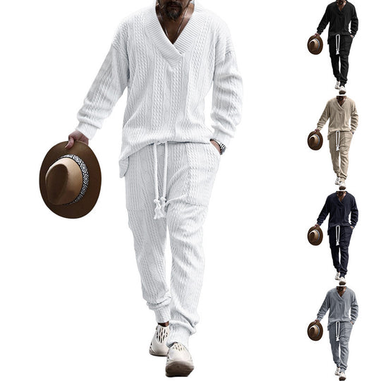 Herren nan grobes Strick-Loungewear-Set mit tiefem V‑Ausschnitt, Kordelzughose und Rippbündchen Shop Nory