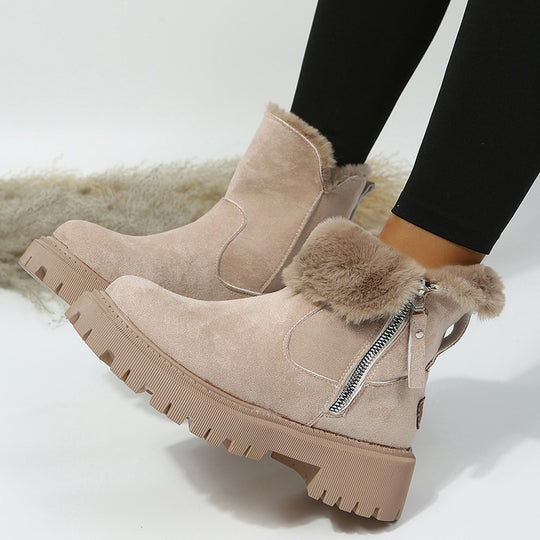 Damen Kurzschaft-Stiefelette mit Teddy‑Umschlag, Veloursoptik und Chunky‑Lug‑Sohle Shop Nory