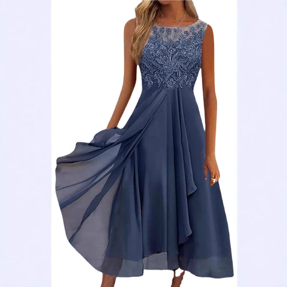 Damen nan ärmelloses Chiffon-Midikleid mit bestickter Illusionsspitze, Schiff-Ausschnitt und mehrlagigem Schwingrock