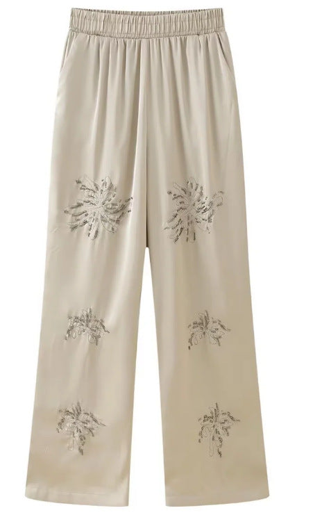 Damen bestickte Seidenoptik-Bluse mit funkelnden Kristallapplikationen und Hemdkragen Shop Nory
