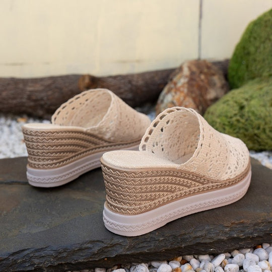 Damen nan gehäkelte Plateau-Slipper mit Jute-Details und Memory-Fußbett Shopnory
