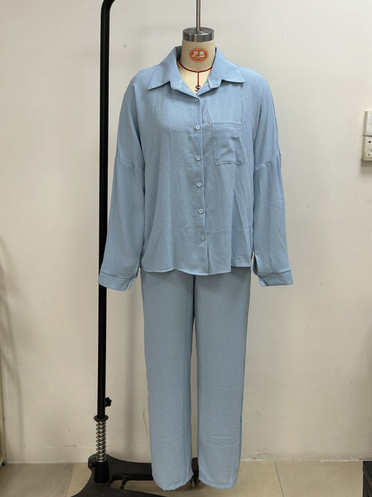 Damen Zweiteiliges Lounge-Set Oversize-Bluse mit Brusttasche und weiter Palazzo-Hose Shop Nory