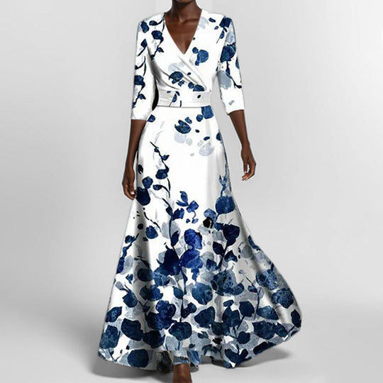Elegantes V-Ausschnitt Bedrucktes Taillenkleid mit Schößchen