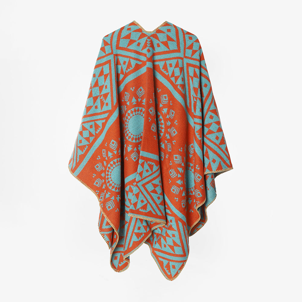 Damen Gewebter Jacquard‑Poncho mit Ethno‑Geometrischem Muster Shop Nory