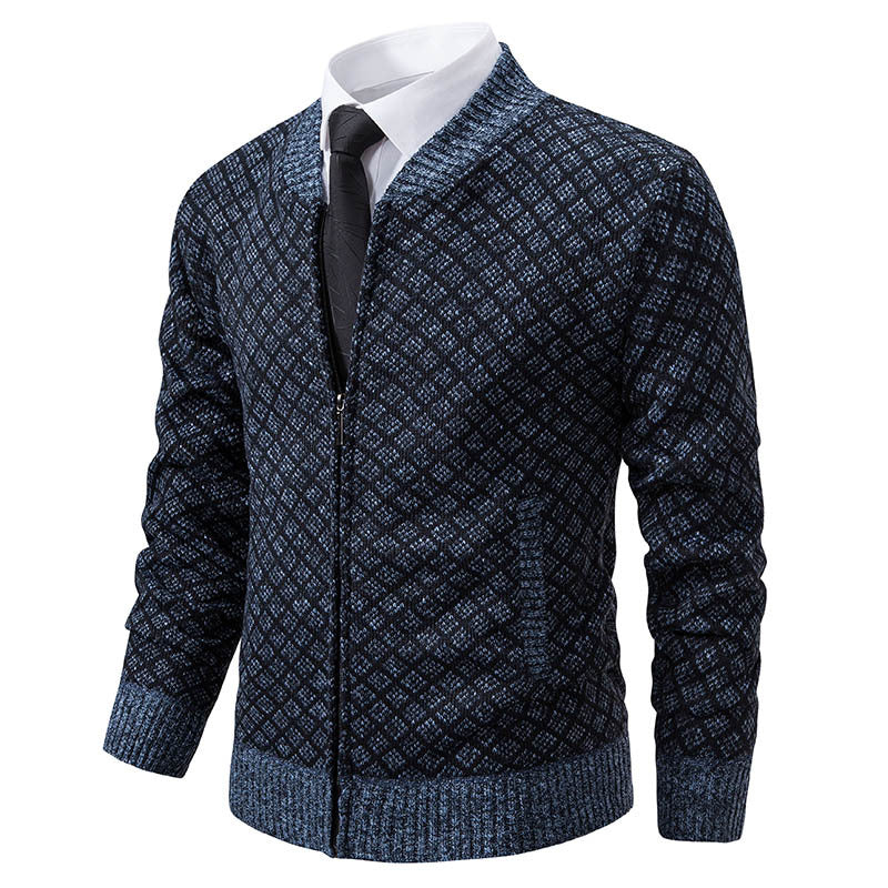Herren Taillierter Jacquard-Zip-Cardigan mit Diamantstruktur und Eingrifftaschen Shop Nory