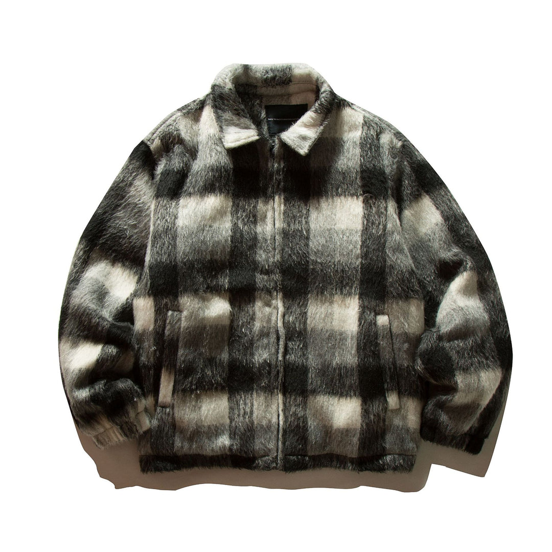 Unisex Kurz geschnittene karierte Fellimitat-Blousonjacke mit Stehkragen und verdecktem Reißverschluss Shop Nory