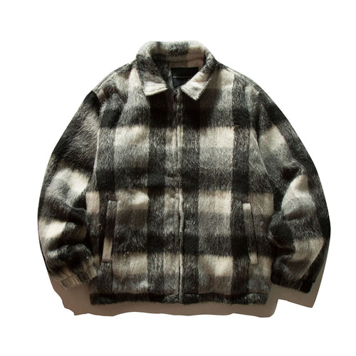 Unisex Kurz geschnittene karierte Fellimitat-Blousonjacke mit Stehkragen und verdecktem Reißverschluss Shop Nory