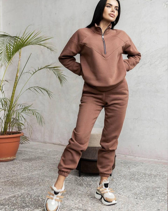 Damen Zweiteiliges Sweat-Loungewear-Set mit Troyer-Reißverschluss und elastischer Jogginghose Shop Nory