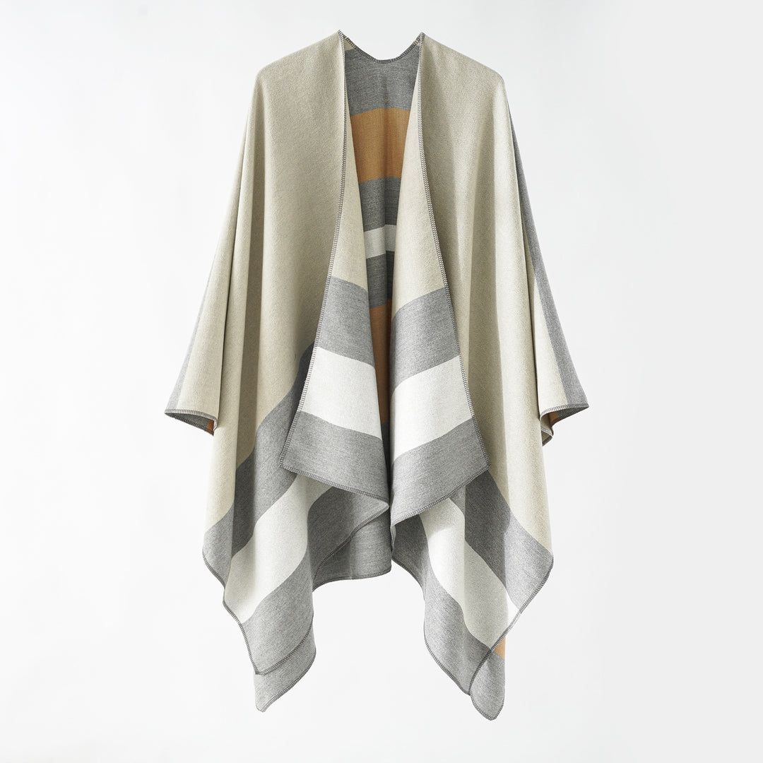 Damen Oversize-Ruana im Cape‑Stil aus Wolloptik mit geometrischen Blockstreifen Shop Nory
