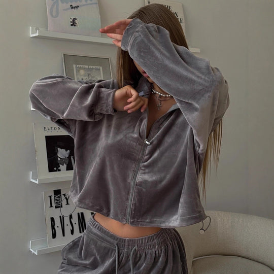 Damen Samt-Loungewear-Set mit kurzem Reißverschluss-Sweater und weitem Kordelzug-Hose Shop Nory