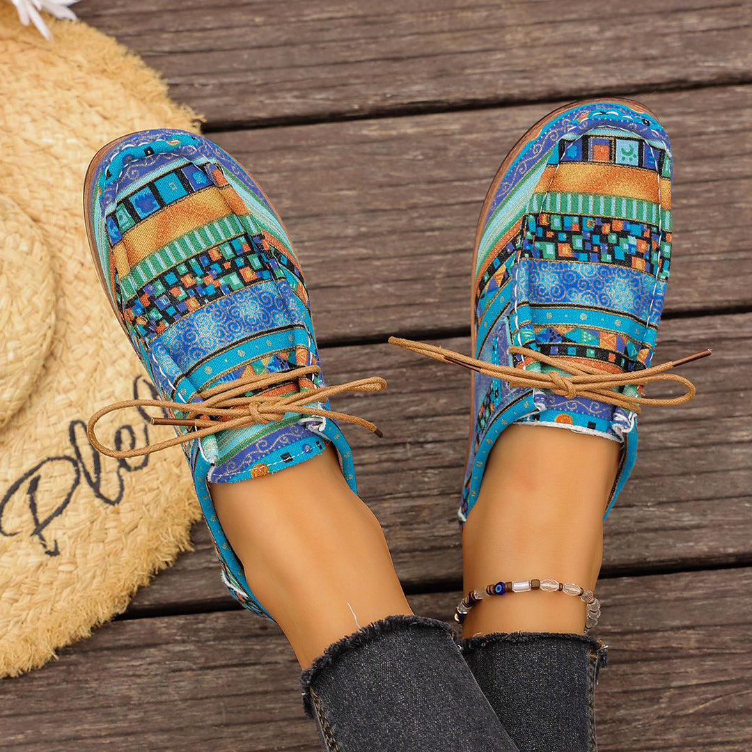 Damen bunte gemusterte Canvas-Schnürschuhe mit leichter Plateau-Sohle Shop Nory