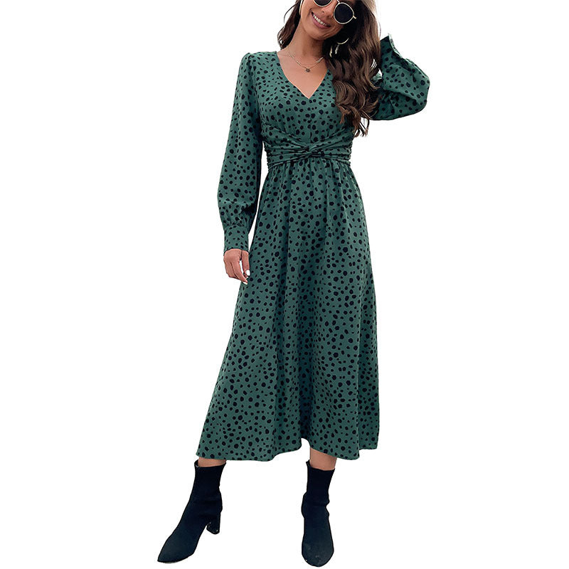 Damen Midikleid im Retro-Pünktchen-Design mit Wickeloptik, V-Ausschnitt und tailliertem Bindegürtel Shop Nory