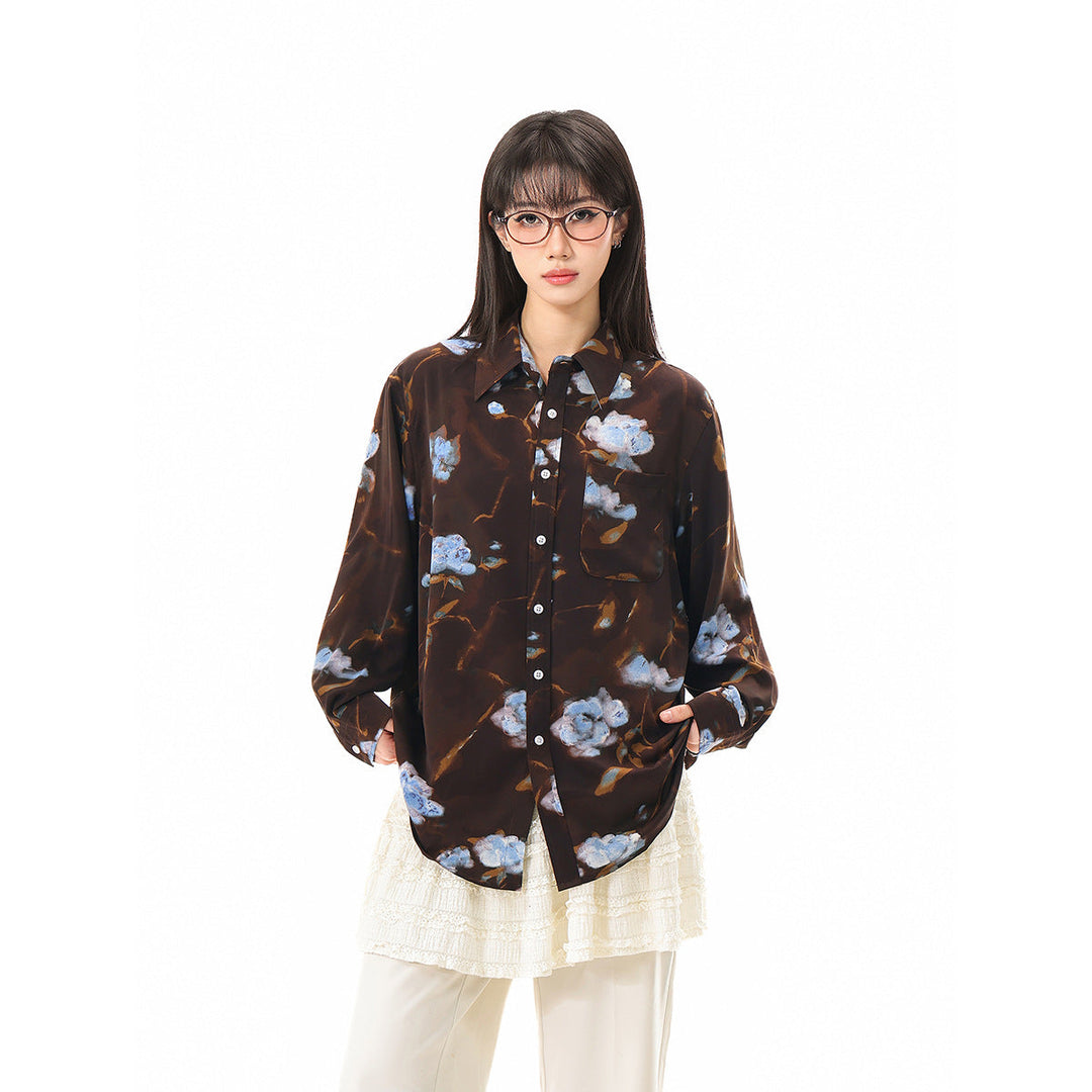 Damen Oversize-Hemdbluse mit abstraktem Blumenprint und aufgesetzter Brusttasche Shop Nory