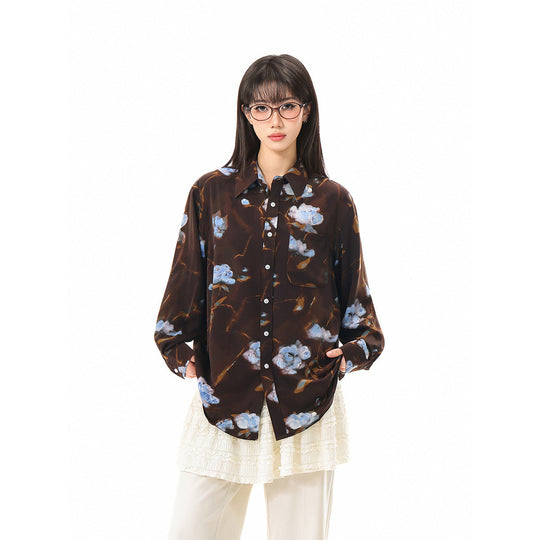 Damen Oversize-Hemdbluse mit abstraktem Blumenprint und aufgesetzter Brusttasche Shop Nory