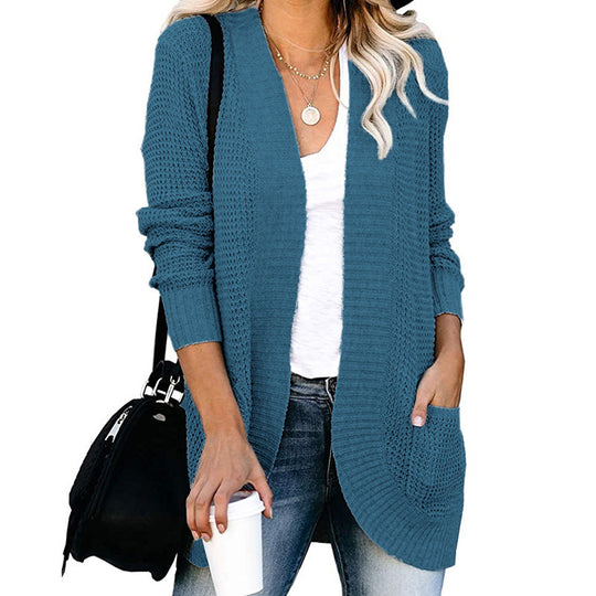 Damen Langer Offener Strickcardigan mit Taschen, Rippbündchen und strukturierter Waffeloptik Shop Nory