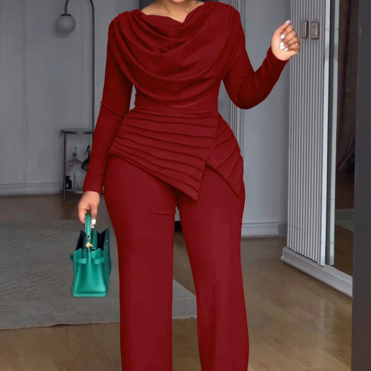 Damen Zweiteiliges Ensemble mit Wasserfall-Drapé-Oberteil, abgestuftem Peplum und gerader Bundfalten-Hose Shop Nory