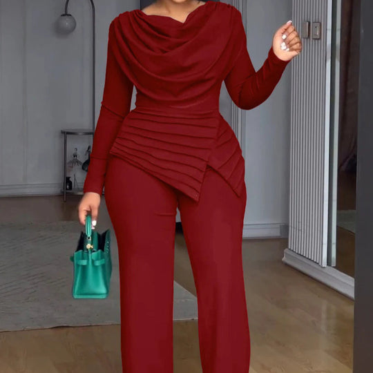Damen Zweiteiliges Ensemble mit Wasserfall-Drapé-Oberteil, abgestuftem Peplum und gerader Bundfalten-Hose Shop Nory
