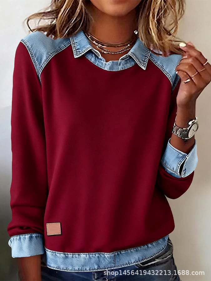 Damen nan gerippter Strickpullover mit Jeanskragen und Knopfleiste Shop Nory