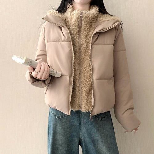 Damen nan kurze wattierte Doppeljacke mit abnehmbarem Teddy-Innenfutter und hohem Stehkragen Shop Nory
