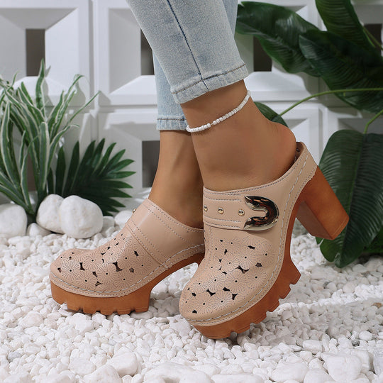 Damen modische Clogs mit perforiertem Design und elegantem Blockabsatz
