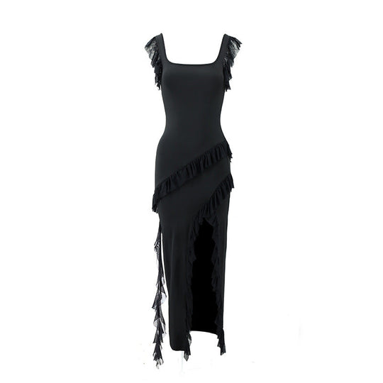 Damen Maxikleid mit originellem Rüschendetail und eleganter Taillierung