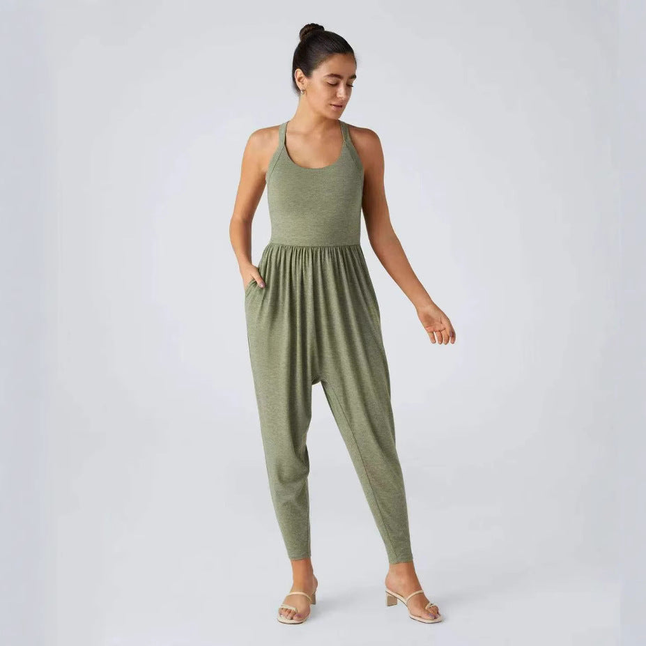 Damen nan lässiger Jersey-Overall mit Racerback, smockierter Taille und seitlichen Eingrifftaschen
