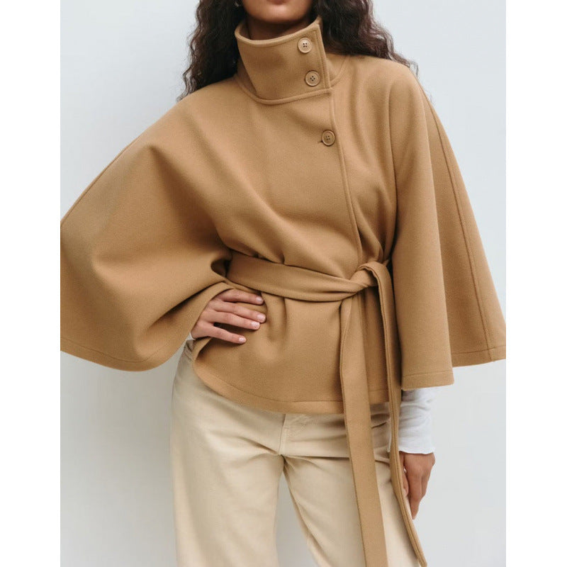 Damen Wollmantel im Cape‑Stil mit Stehkragen und Taillengürtel Shop Nory