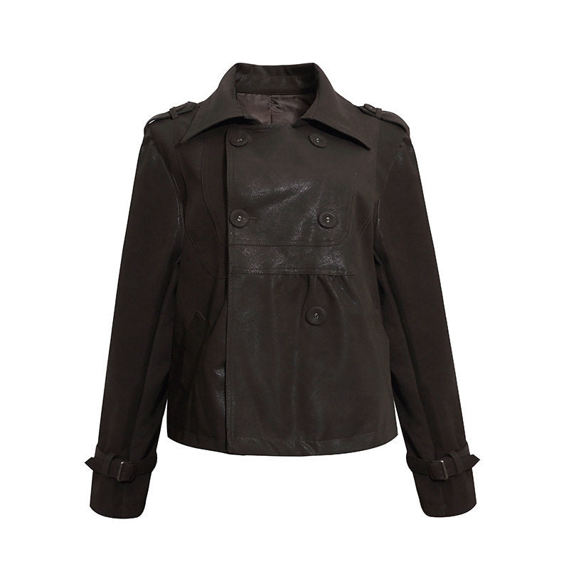 Damen Cropped Doppelreihige Lederjacke im Trenchstil mit Schulterklappen Shop Nory