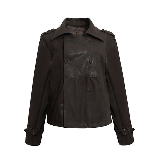 Damen Cropped Doppelreihige Lederjacke im Trenchstil mit Schulterklappen Shop Nory