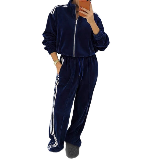Damen luxuriöses Velours-Trainingsanzug-Set mit Stehkragen und Kordelzug Shop Nory