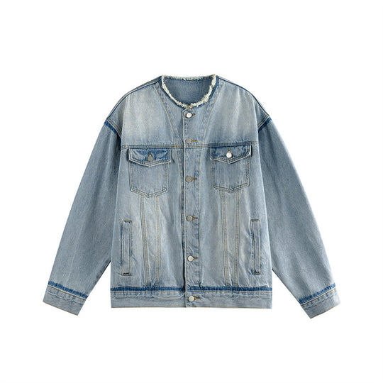 Herren Oversize-Denimblouson ohne Kragen mit rohem Halsausschnitt und Pattentaschen Shop Nory