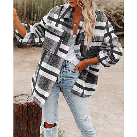 Damen Oversize-Karo-Hemdjacke mit Brusttaschen und weichem Flanell Shop Nory