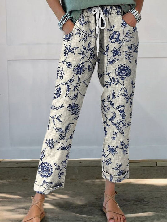 Damen Leinenoptik-Hose mit floralem Print, weitem Bein und Tunnelzug Shop Nory