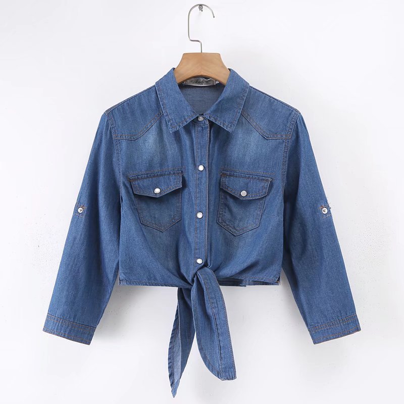 Damen Geknotete Denim Kurzbluse mit Brusttaschen und hochgekrempelten Ärmeln Shop Nory