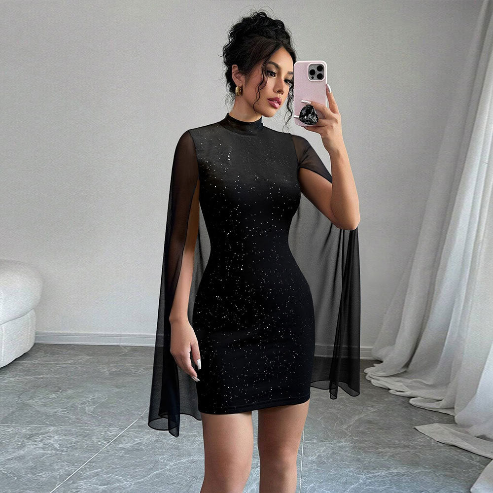 Damen figurbetontes Minikleid mit fließenden Cape-Ärmeln und funkelnder Punktverzierung Shop Nory