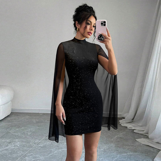 Damen figurbetontes Minikleid mit fließenden Cape-Ärmeln und funkelnder Punktverzierung Shop Nory