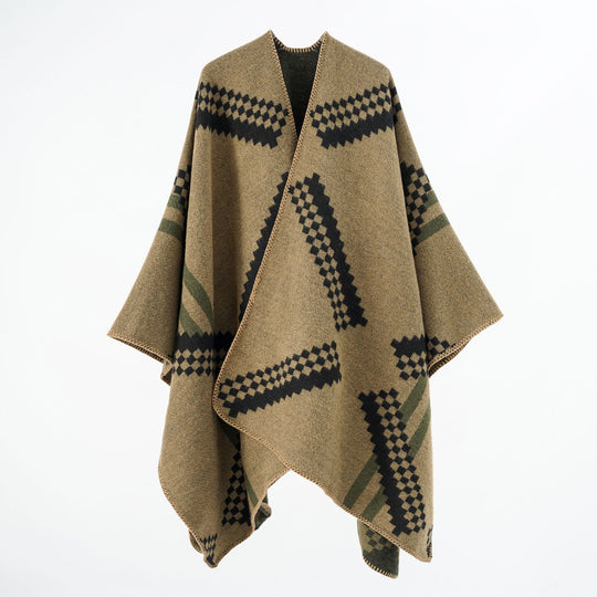 Damen Oversize-Umhangponcho aus Wollmix mit geometrischem Jacquard und Ziernaht Shop Nory