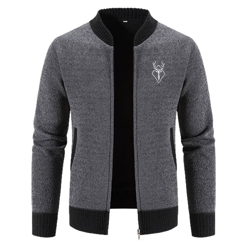 Herren lässiger Zip-Strickblouson mit weichem Thermofutter, geripptem Stehkragen und Hirsch-Logo Shop Nory