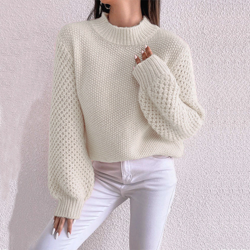 Damen Kurzgeschnitteter Grobstrick-Pullover mit Voluminösen Netzstruktur-Ärmeln und Stehkragen Shop Nory