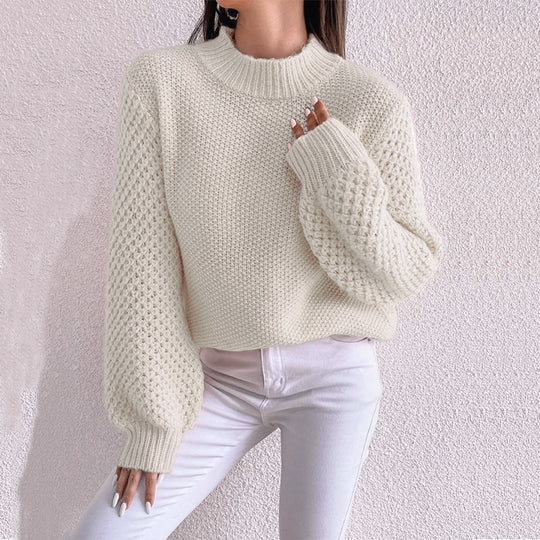 Damen Kurzgeschnitteter Grobstrick-Pullover mit Voluminösen Netzstruktur-Ärmeln und Stehkragen Shop Nory
